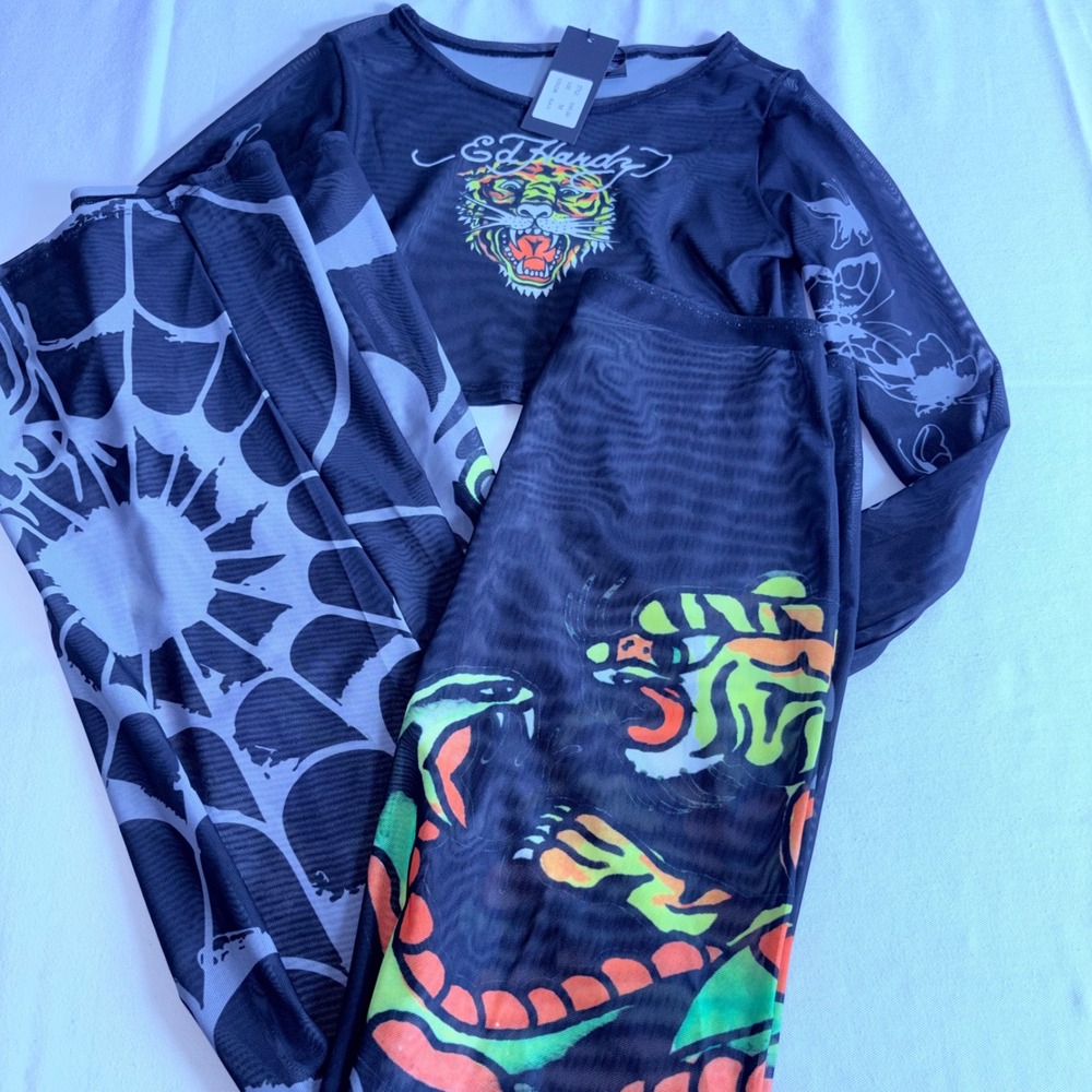 Ed Hardy Mesh Skirt Set M Black New Tattoo Tiger Snake Spiderweb Y2K Crop Top